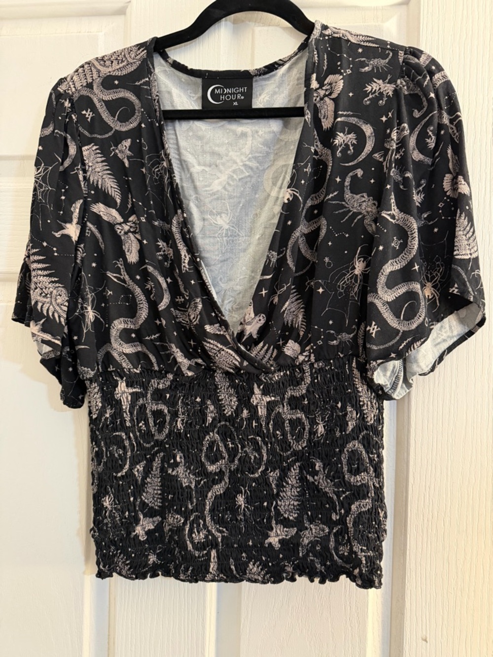 Midnight Hour Black & Cream Printed Smocked Blouse XL